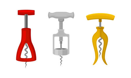 Corkscrew as Tool for Drawing Corks from Wine Bottles Vector Setのイラスト素材