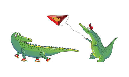Cartoon Crocodile Roller Skating and Flying Toy Kite Vector Setのイラスト素材