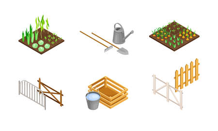 Vegetable Bed, Garden Implement with Shovel and Fence as Agricultural and Farming Industry Vector Isometric Setのイラスト素材