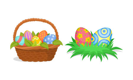 Decorated Easter Egg Rested in Wicker Basket and on Green Grassy Nest as Holiday Symbols Vector Setのイラスト素材