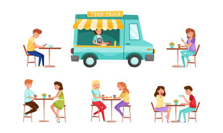 People Characters Sitting at Cafe Table Drinking Coffee and Eating Street Food Vector Illustration Setのイラスト素材