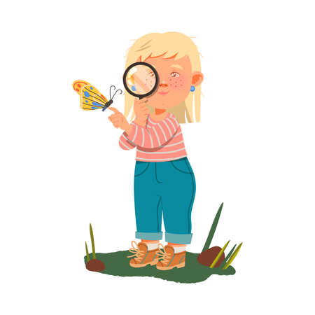 Little Blond Girl with Magnifying Glass Observing Butterfly Sitting on Her Hand Vector Illustrationのイラスト素材