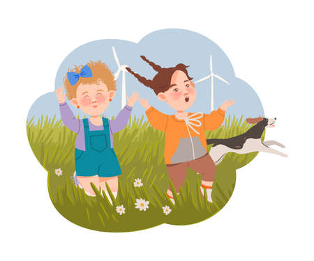 Little Girls Running in the Green Countryside Meadow with Wind Generator Behind Vector Illustrationのイラスト素材