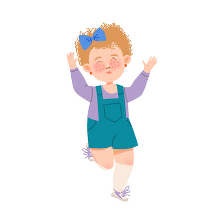 Cute Freckled Girl with Bow on Her Head Jumping with Joy and Excitement Vector Illustrationのイラスト素材