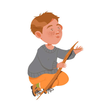 Freckled Boy Sitting with Tree Branch Playing Outdoor Vector Illustrationのイラスト素材