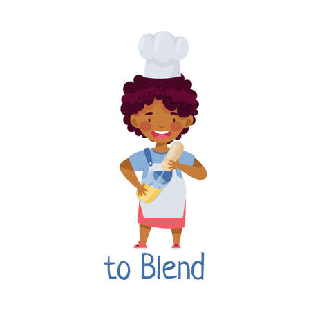 Little African American Girl in Apron Blending at Kitchen Vector Illustrationのイラスト素材