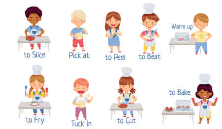 Little Children at Kitchen Cooking, Eating, Baking and Slicing Vector Setのイラスト素材