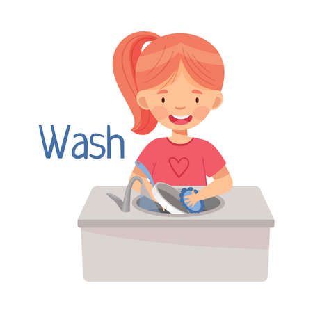 Smiling Girl Washing Dishes in Kitchen Sink with Sponge Vector Illustrationのイラスト素材