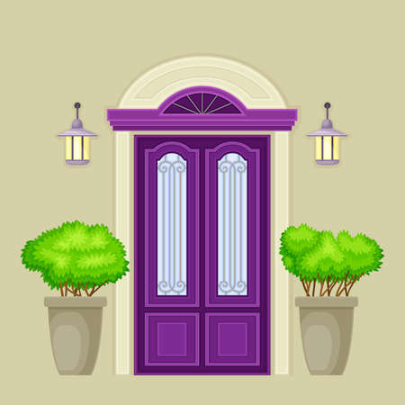 Facade of Purple Front Double Door with Decorative Bushes in Cachepot and Light Vector Illustrationのイラスト素材