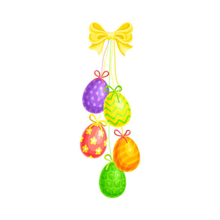 Painted or Foiled Easter Eggs or Paschal Eggs Hanging on String with Bow Vector Illustrationのイラスト素材