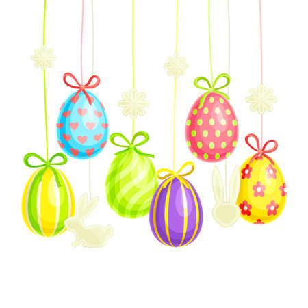 Painted or Foiled Easter Eggs or Paschal Eggs Hanging on String with Bow as Festive Decoration Vector Illustrationのイラスト素材