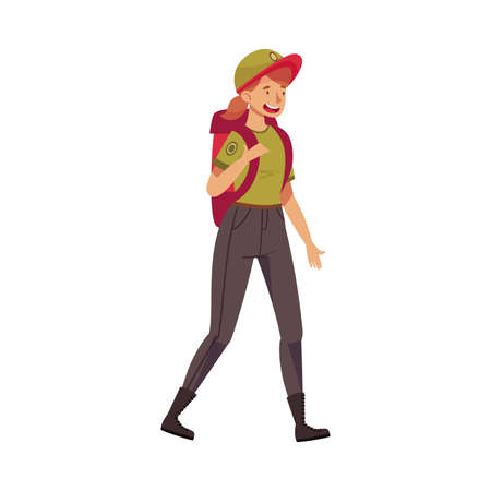Redhead Woman as Park Ranger in Khaki Cap Walking Carrying Backpack Protecting and Preserving National Parkland Vector Illustrationのイラスト素材