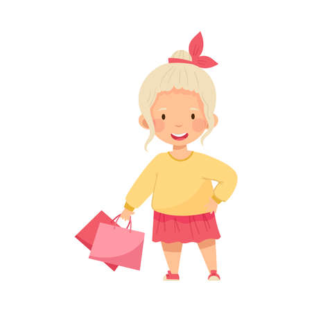 Blond Fashionable Girl Wearing Trendy Skirt and Sweater Holding Shopping Bags Vector Illustrationのイラスト素材