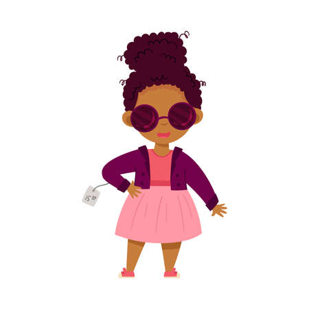 Stylish African American Girl Fitting Fashion Clothes with Price Tags Choosing Vector Illustrationのイラスト素材