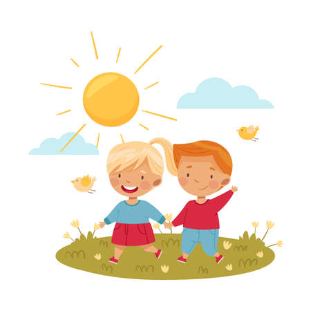 Smiling Boy and Girl Holding Hands and Running Across Green Meadow Enjoying Hot Summer Season Vector Illustrationのイラスト素材
