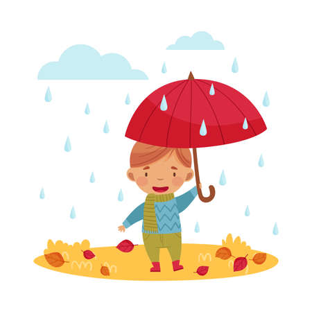 Funny Boy in Scarf and Sweater Holding Umbrella Walking in Rainy Day Enjoying Autumn Season Vector Illustrationのイラスト素材