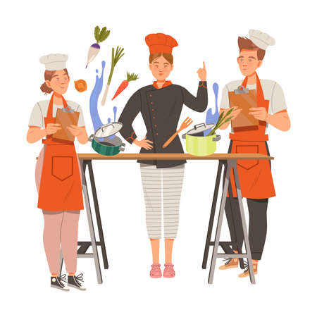 Young Woman as Chef Master Training Newcomer Preparing Food at Restaurant Kitchen Vector Illustrationのイラスト素材