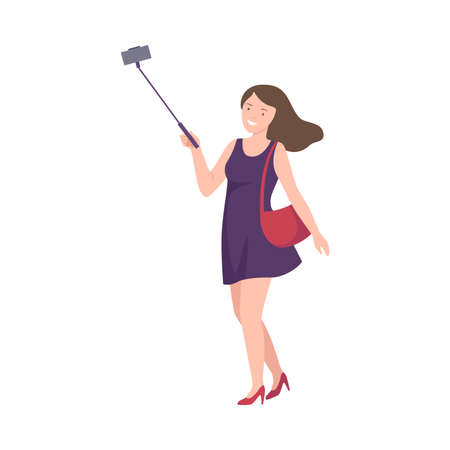 Woman Tourist Character on Excursion or Sightseeing Tour Holding Selfie Stick Vector Illustrationのイラスト素材