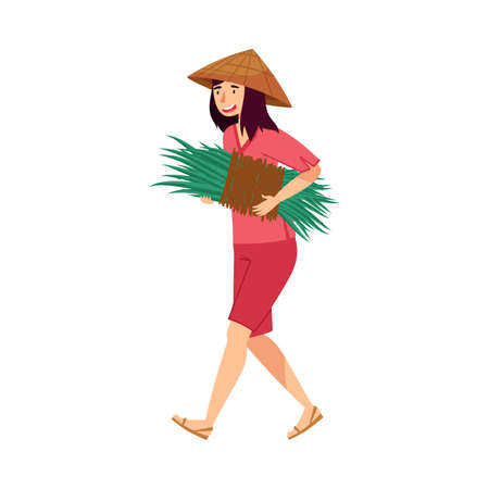 Vietnamese Woman Farmer in Straw Conical Hat Carrying Bunch of Grass Blades as Rice Crop Vector Illustrationのイラスト素材