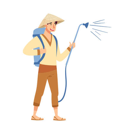 Vietnamese Man Farmer in Straw Conical Hat Watering Green Plants and Crops Vector Illustrationのイラスト素材