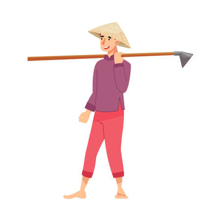 Vietnamese Man Farmer in Straw Conical Hat Carrying Hoe Vector Illustrationのイラスト素材