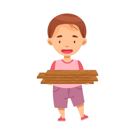 Little Boy Carrying Timber Planks for Woodworking Vector Illustrationのイラスト素材