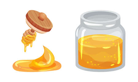 Glass Jar Full with Honey and Honey Dipper with Dripping Fluid Vector Setのイラスト素材