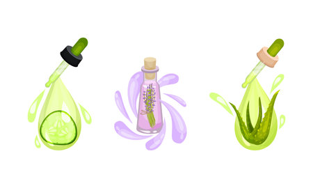 Cosmetic Oil with Aloe Vera and Lavender in Jar with Drops on Pipette Vector Setのイラスト素材
