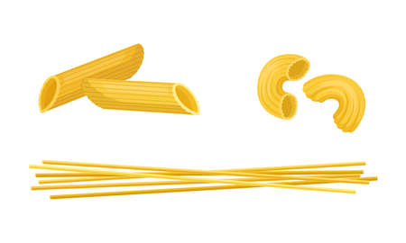 Macaroni as Dry Shaped Pasta Made with Durum Wheat Vector Setのイラスト素材