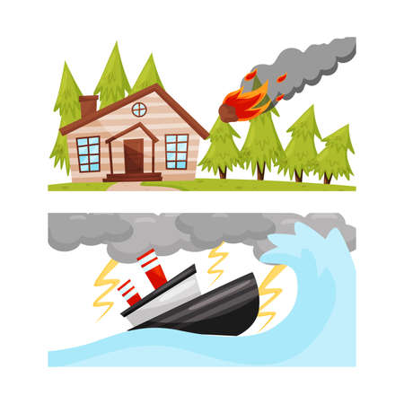 House and Ship Suffering from Destructive Weather Condition and Natural Cataclysm with Thunderstorm and Meteorite Vector Setのイラスト素材