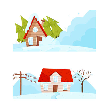 House Suffering from Destructive Weather Condition and Natural Cataclysm with Blizzard and Snowslide Vector Setのイラスト素材