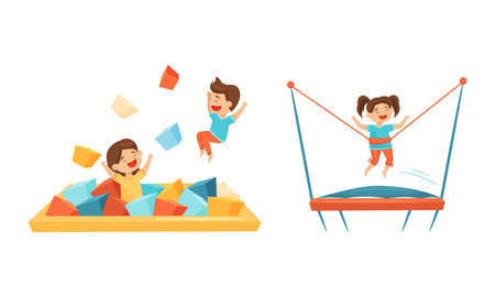 Excited Children Jumping on Trampoline Bouncing and Playing with Soft Cubes Vector Setのイラスト素材