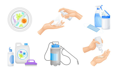 Bacterial Purification and Disinfection with Detergent and Disinfectant in Dispenser Bottle and Hand Using Aerosol Spray Vector Setのイラスト素材