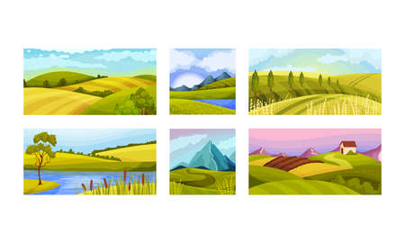 Green Landscapes with Hills and Clear Sky Vector Illustration Setのイラスト素材