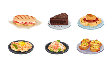 Italian Cuisine Dishes with Panini Stuffed with Ham and Tomatoes and Chocolate Cake Vector Setのイラスト素材