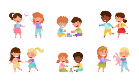 Friendly Kids Playing Together Sharing Toys and Running Vector Illustrations Setのイラスト素材