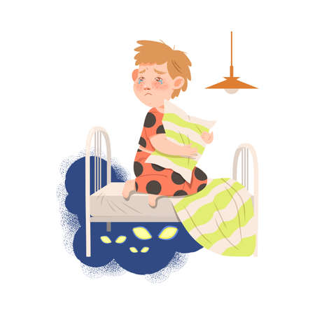 Little Boy Afraid of Monsters Sitting on Bed with Pillow and Crying Vector Illustrationのイラスト素材