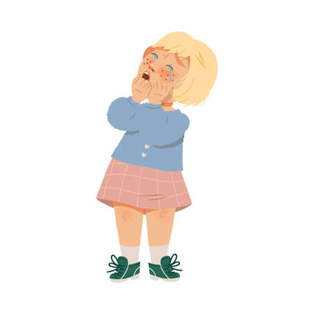 Little Crying Girl Covering Her Face with Her Hands Afraid of Something Vector Illustration. Scared Kid Panicing and Feeling Frustration Imagining Her Fear and Phobia Conceptのイラスト素材