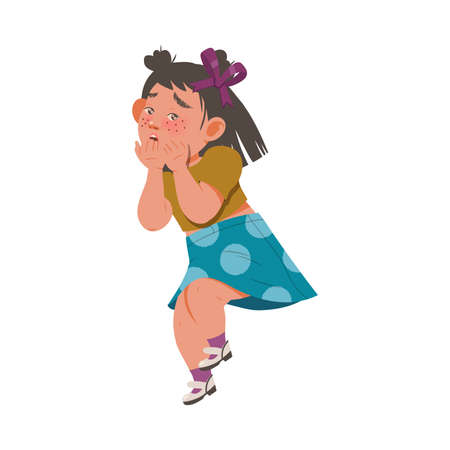 Little Fearful Girl Covering Her Face with Her Hands Afraid of Something Vector Illustrationのイラスト素材