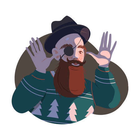 Bearded Man Hipster in Hat with Eye Patch Mocking or Taunting Vector Illustrationのイラスト素材
