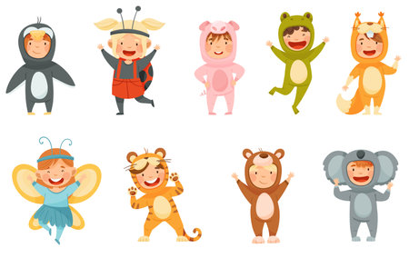 Little Boy and Girl Wearing Animal Costumes Waving Hand and Having Fun Vector Setのイラスト素材
