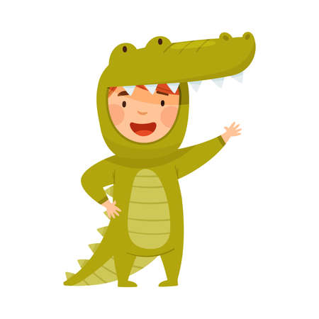 Little Boy Wearing Crocodile Costume Waving Hand and Having Fun Vector Illustrationのイラスト素材
