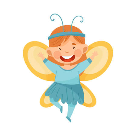 Cute Redhead Girl Wearing Butterfly Costume Role Playing and Having Fun Vector Illustrationのイラスト素材