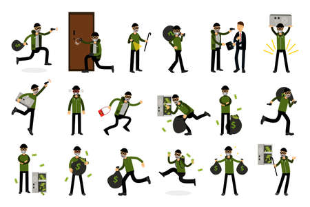 Male Burglar or Robber in Black Mask Stealing Money Vector Illustration Setのイラスト素材