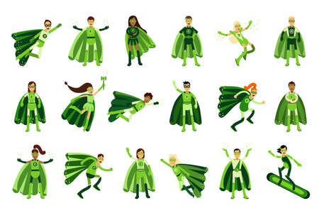 Young Man and Woman in Green Eco Superhero Costumes Standing and Rushing to the Rescue Vector Illustration Setのイラスト素材