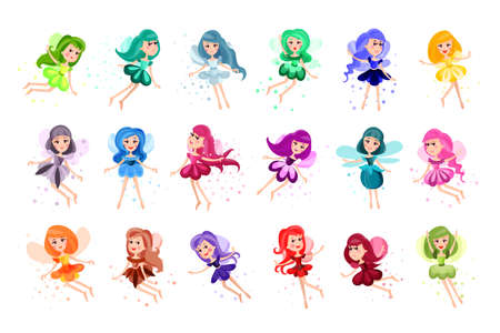 Cute Fairies or Pixies in Pretty Dresses Flying Vector Illustration Setのイラスト素材