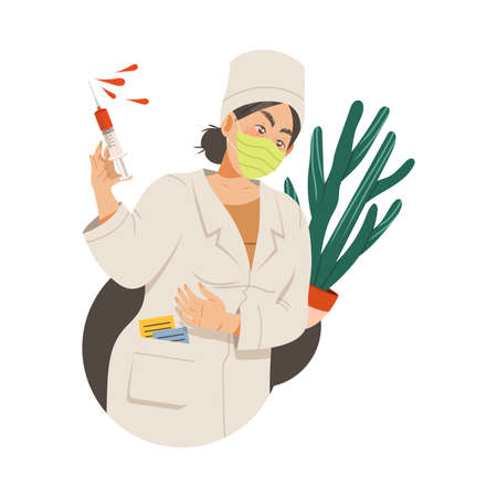 Nurse in Face Mask Holding Huge Syringe as Child s Fear Vector Illustrationのイラスト素材