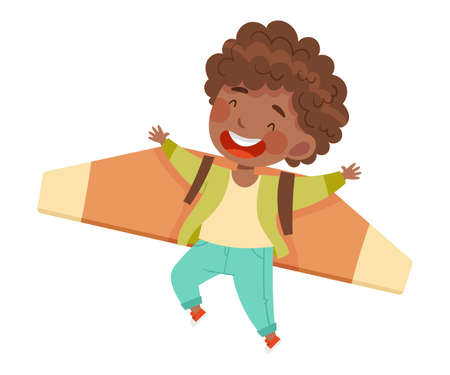 Cheerful African American Boy with Improvised Fake Wings Flying and Playing Vector Illustrationのイラスト素材