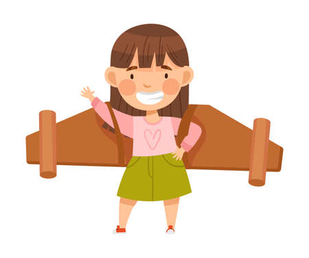 Excited Girl with Improvised Fake Wings Pretending Flying Standing and Waving Hand Vector Illustrationのイラスト素材