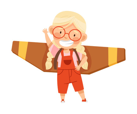 Excited Girl with Improvised Fake Wings Pretending Flying Standing and Waving Hand Vector Illustrationのイラスト素材